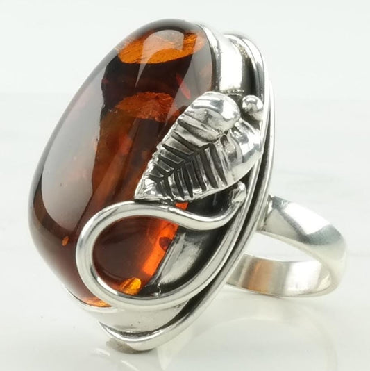 Vintage Poland Silver Ring Amber Leaf Sterling Orange Size 8