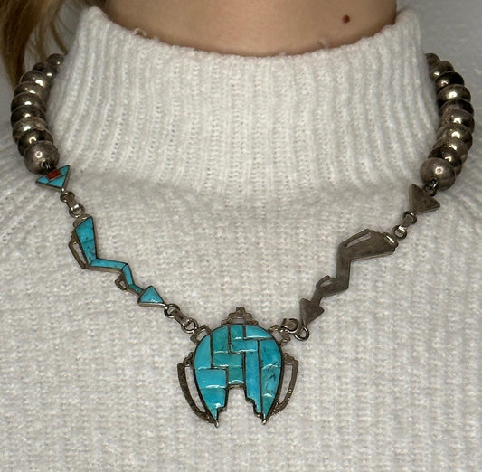 Vintage Native American Sterling Silver Inlay Necklace | Turquoise & Coral | Southwestern Jewelry | Boho Chic | Statement Necklace | 20"