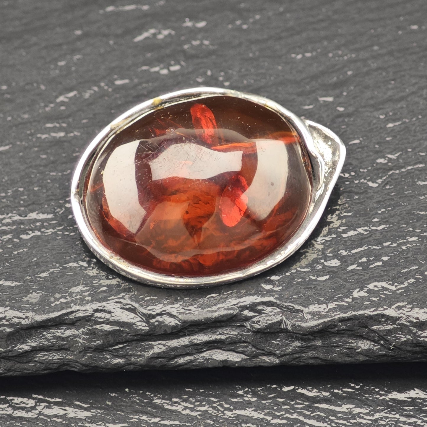 Vintage European Sterling Silver Brooch Oval Orange Natural Amber