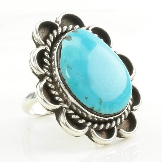 Vintage Native American Silver Ring Turquoise Floral Sterling Blue Size 5