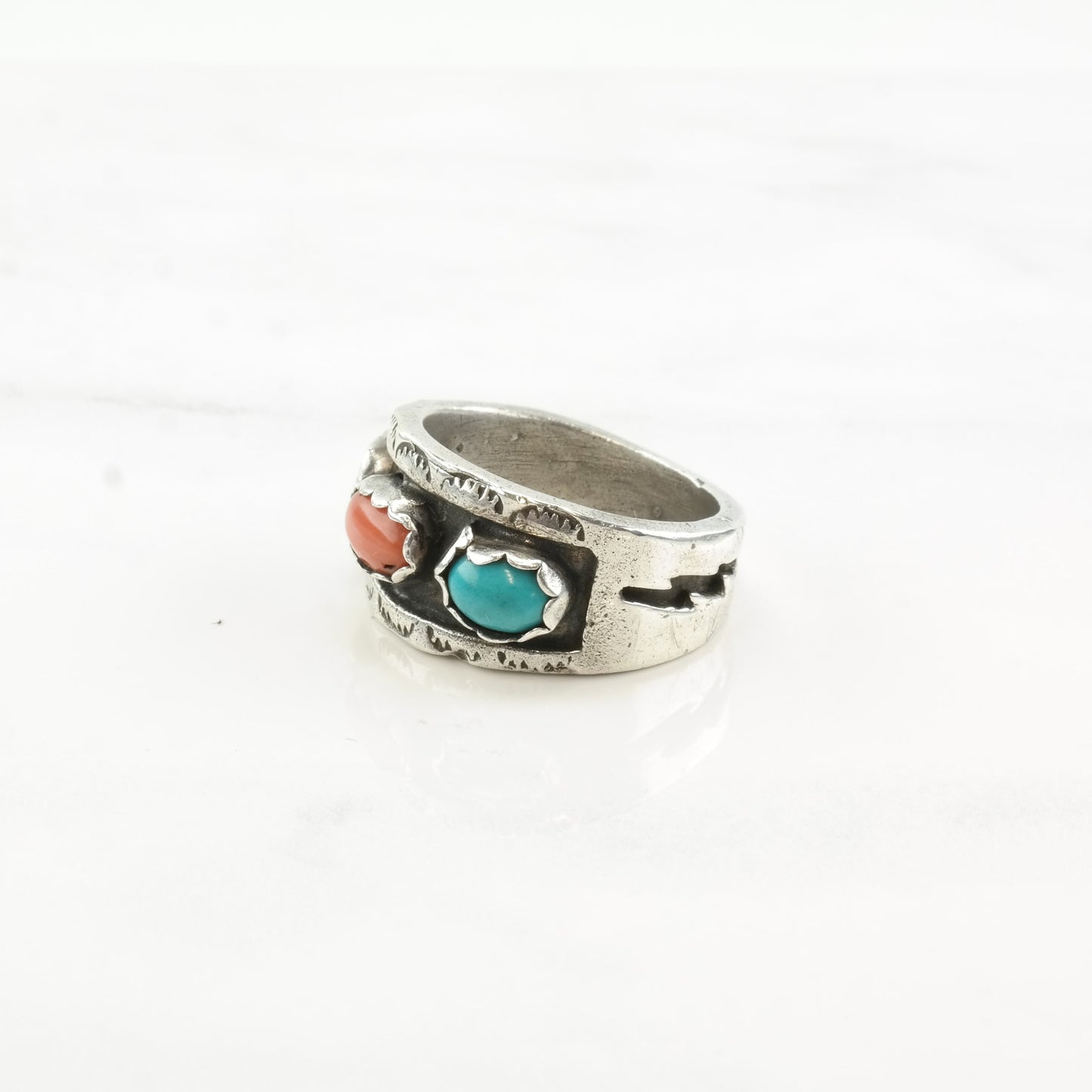 Native American Silver Ring Turquoise Coral Shadowbox Band Sterling Size 8 3/4