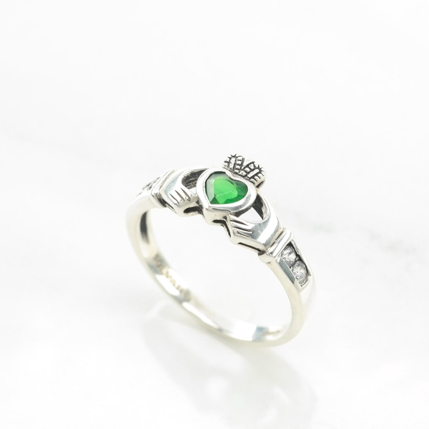 Vintage Solvar Claddagh Sterling Silver Ring Heart Green Size 7