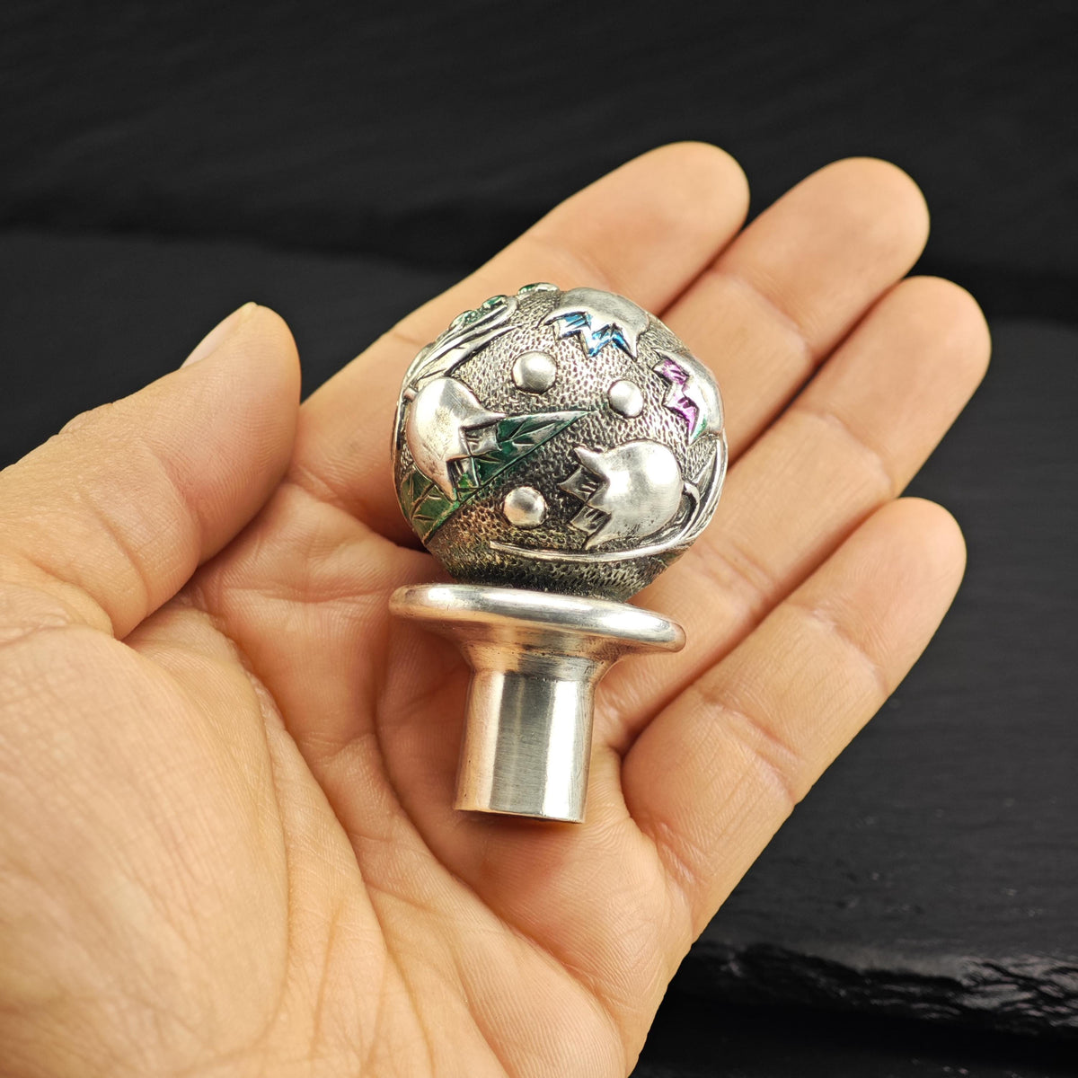 Antique Sterling Silver Floral Enamel Accent Bottle Stopper 800 Silver MISC0396
