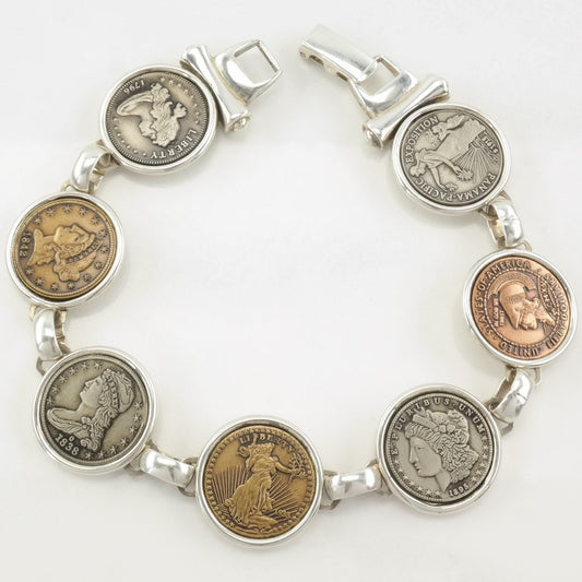 Designer Sterling Silver Link Bracelet Replica Coins