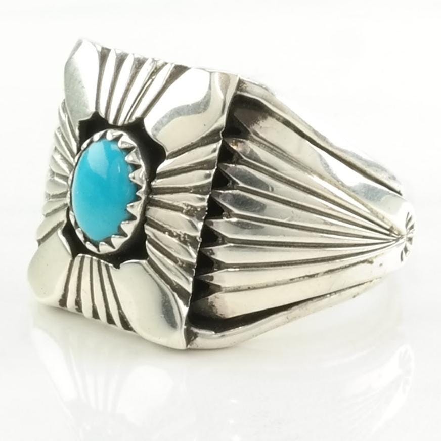 Native American Silver Ring Turquoise Stamped, Shield Sterling Blue Size 11 1/