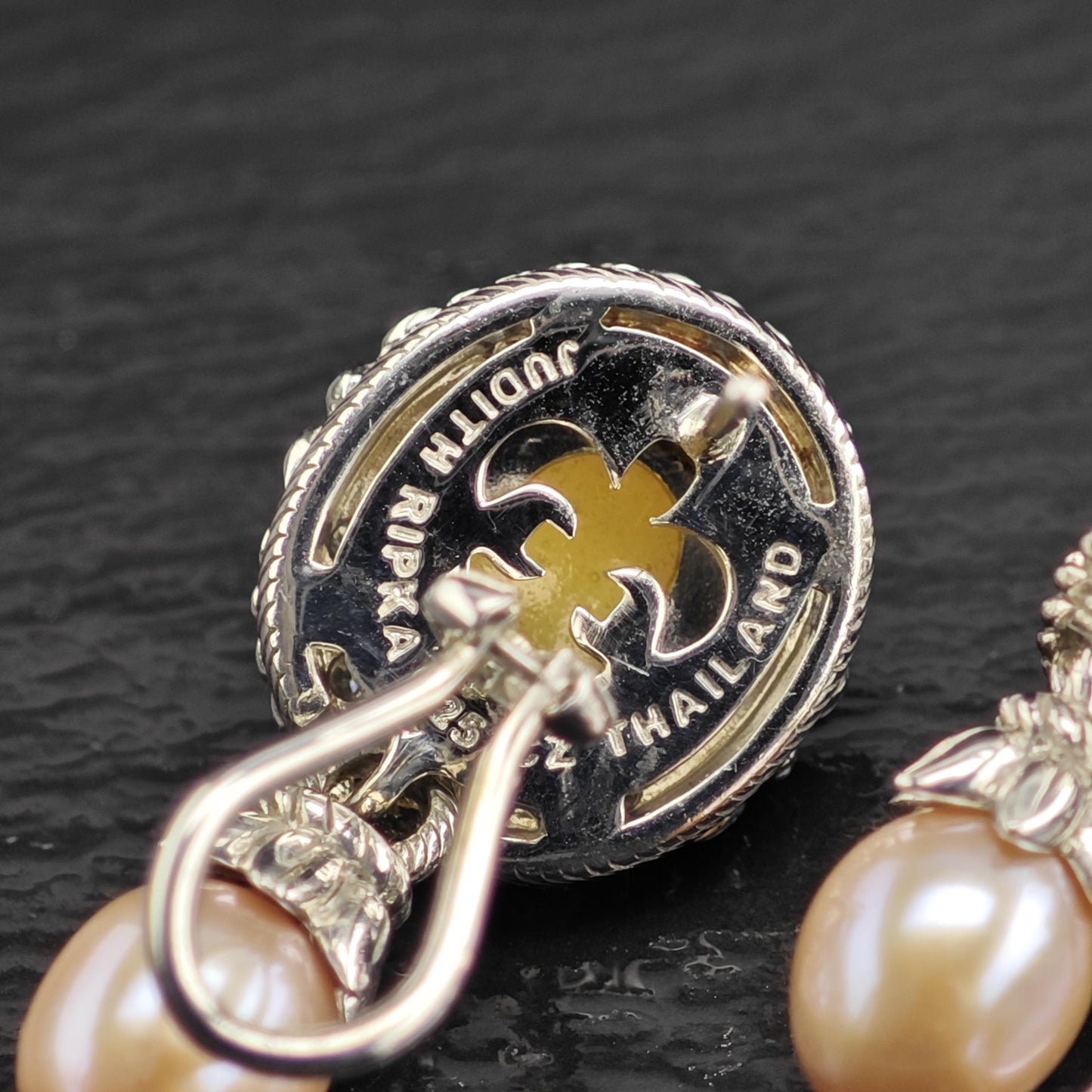 Vintage Judith Ripka Pink Cabochon, Pearl, CZ Omega Back Sterling Silver Earrings ER3195