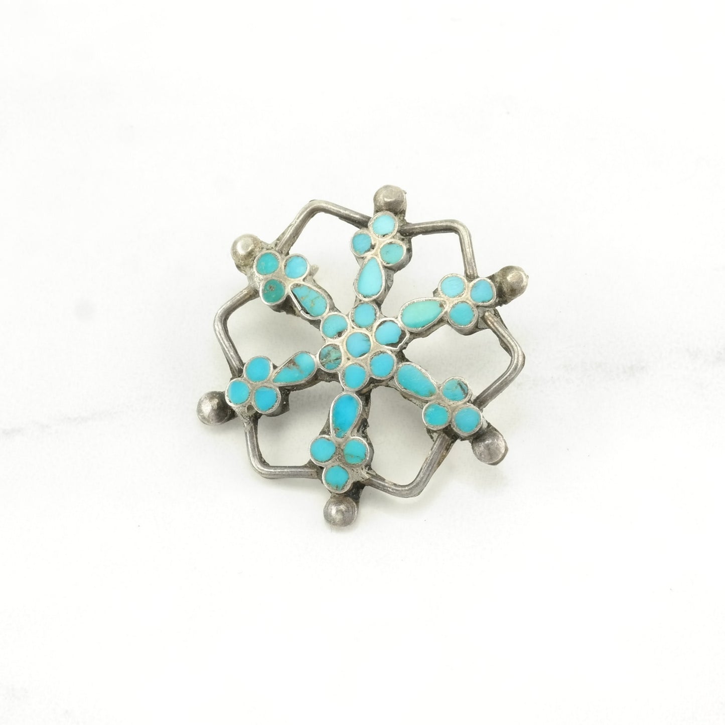 Vintage Zuni, Native American Sterling Silver Brooch Inlay, Snowflake Blue Turquoise