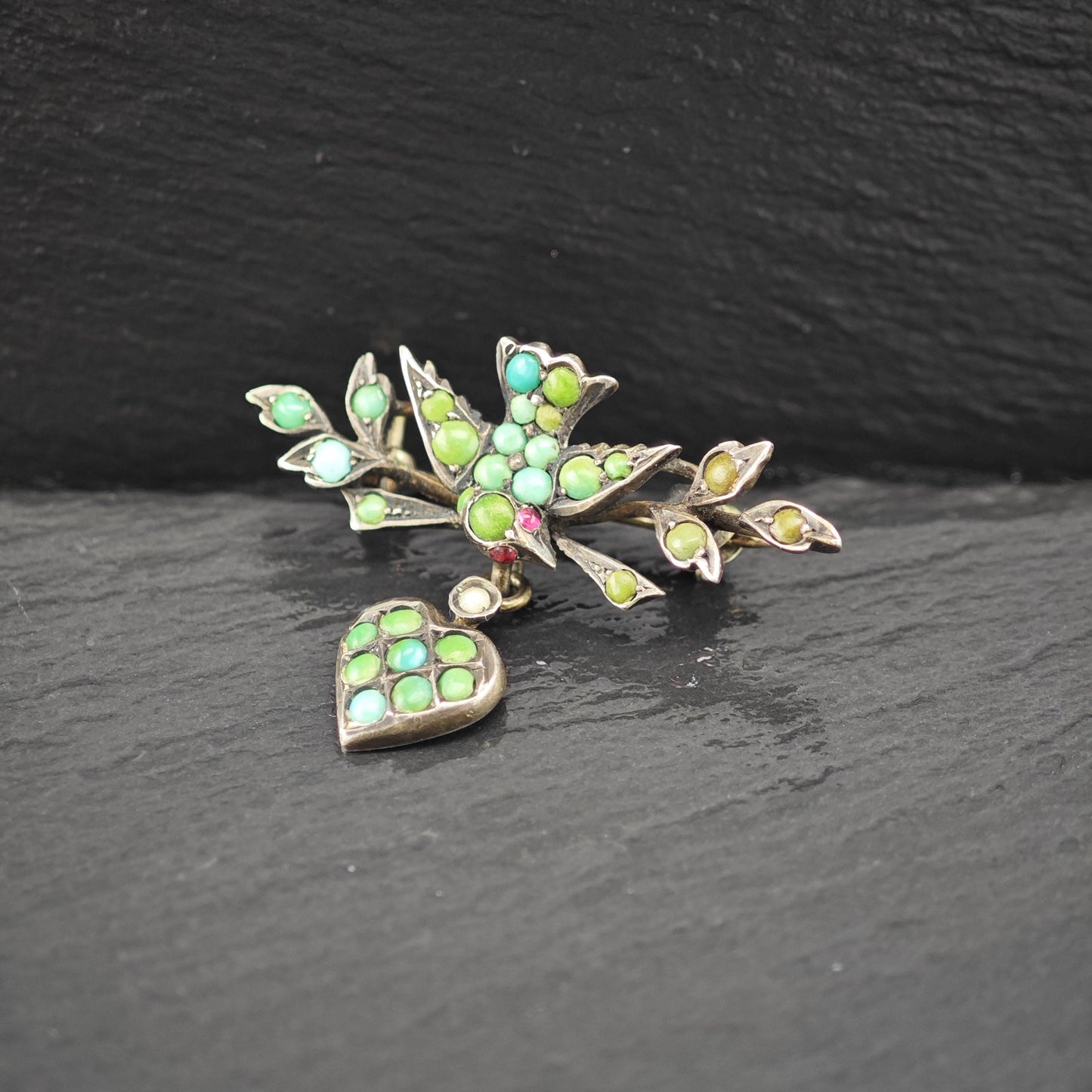 Victorian, Antique Bird, Heart Blue, Green Turquoise, Pink Ruby Brooch Sterling Silver