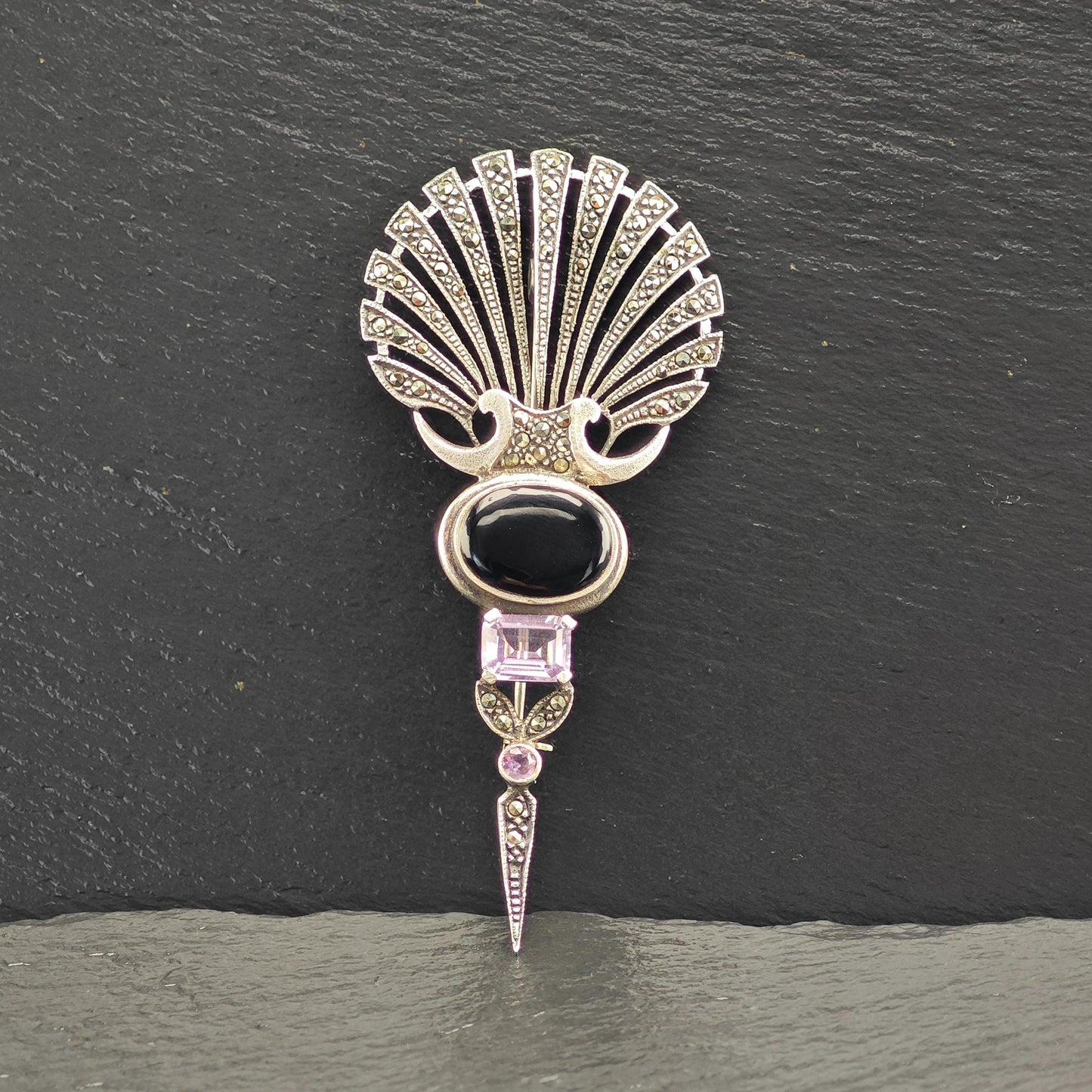 Art Deco Style Onyx, Amethyst, Marcasite Sterling Silver Brooch