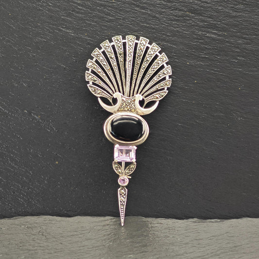 Art Deco Style Onyx, Amethyst, Marcasite Sterling Silver Brooch