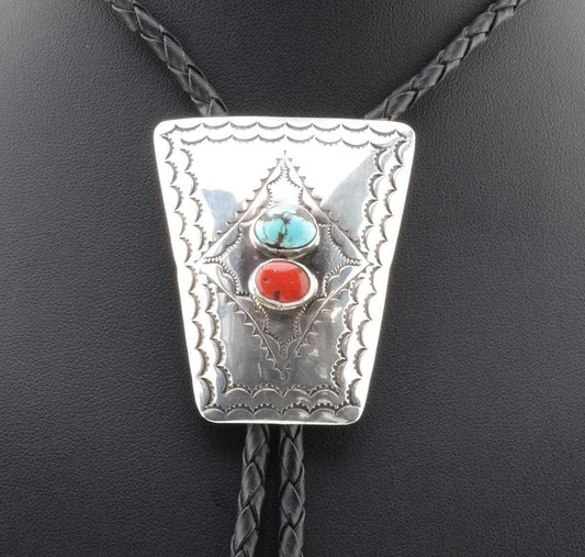 Vintage Native American Sterling Silver Blue, Red Turquoise Coral Bolo Tie Necklace