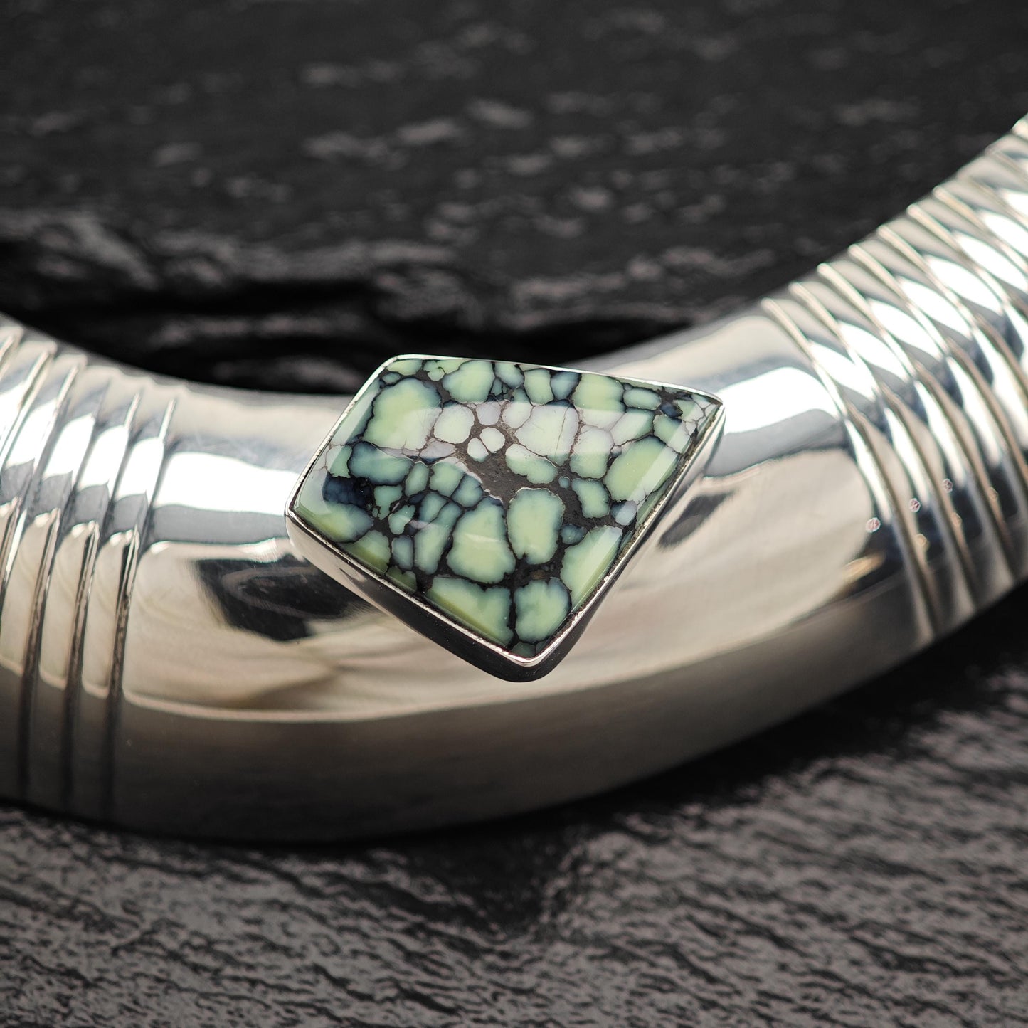 Native Green Variscite, Spiderweb Choker Necklace Sterling Silver Collar N2570