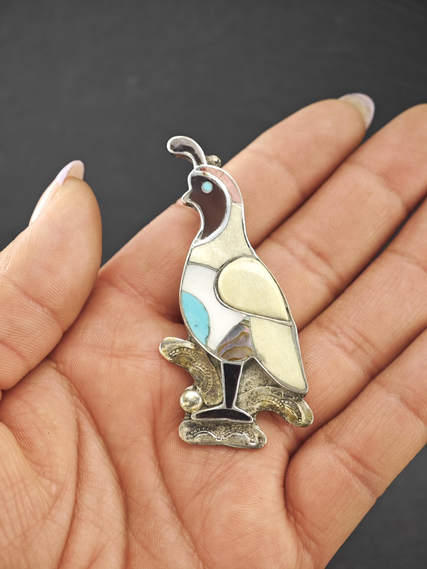 Quail, Zuni Inlay, Native American Sterling Silver Brooch Pendant