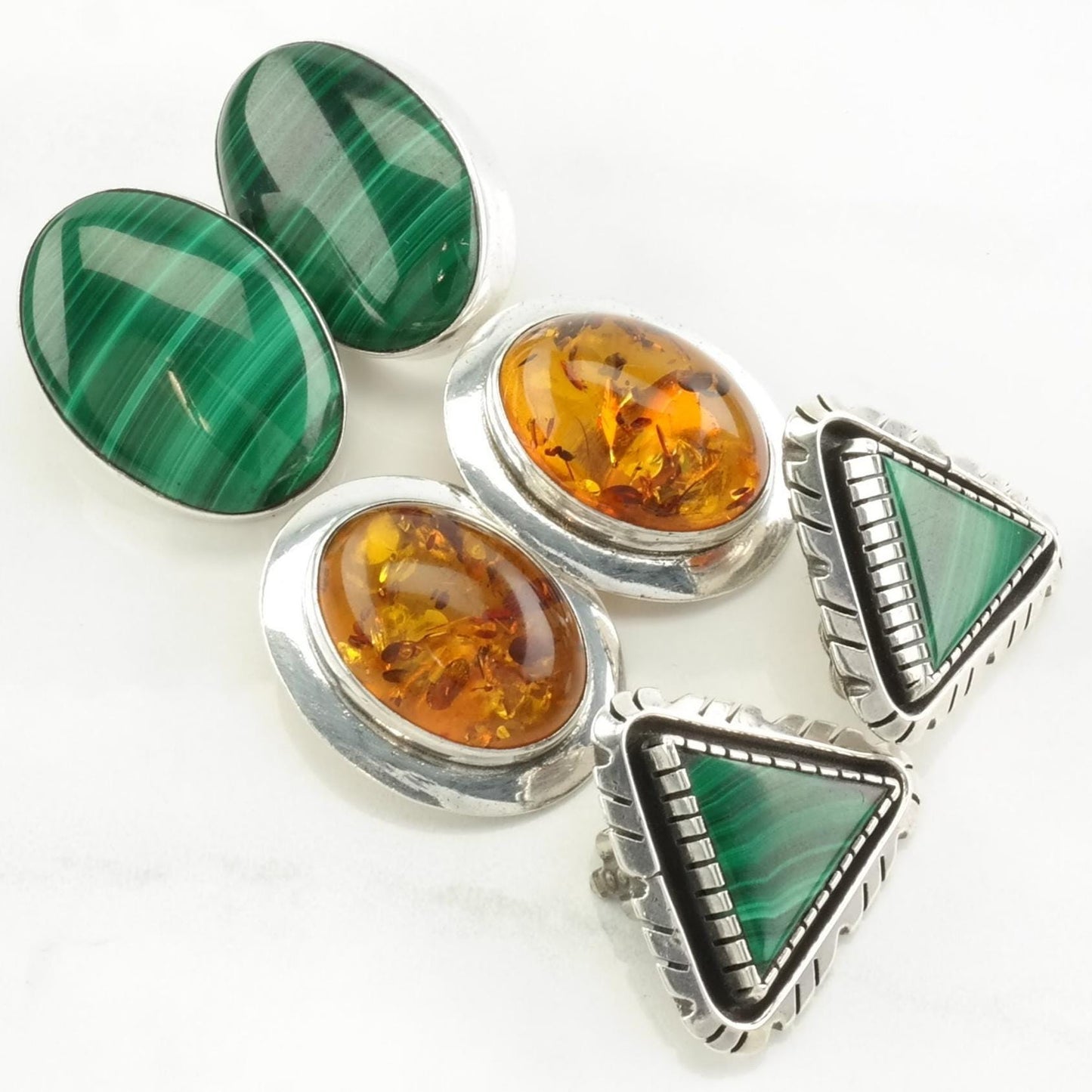 Choice of Vintage Sterling Silver Clip on Earrings Malachite, Amber