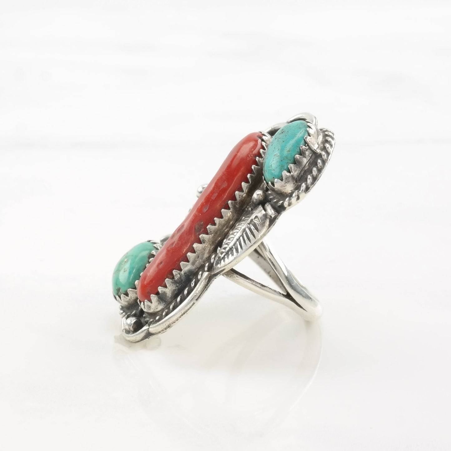 Native American Ring Coral, Turquoise Feather Sterling Silver Size 4