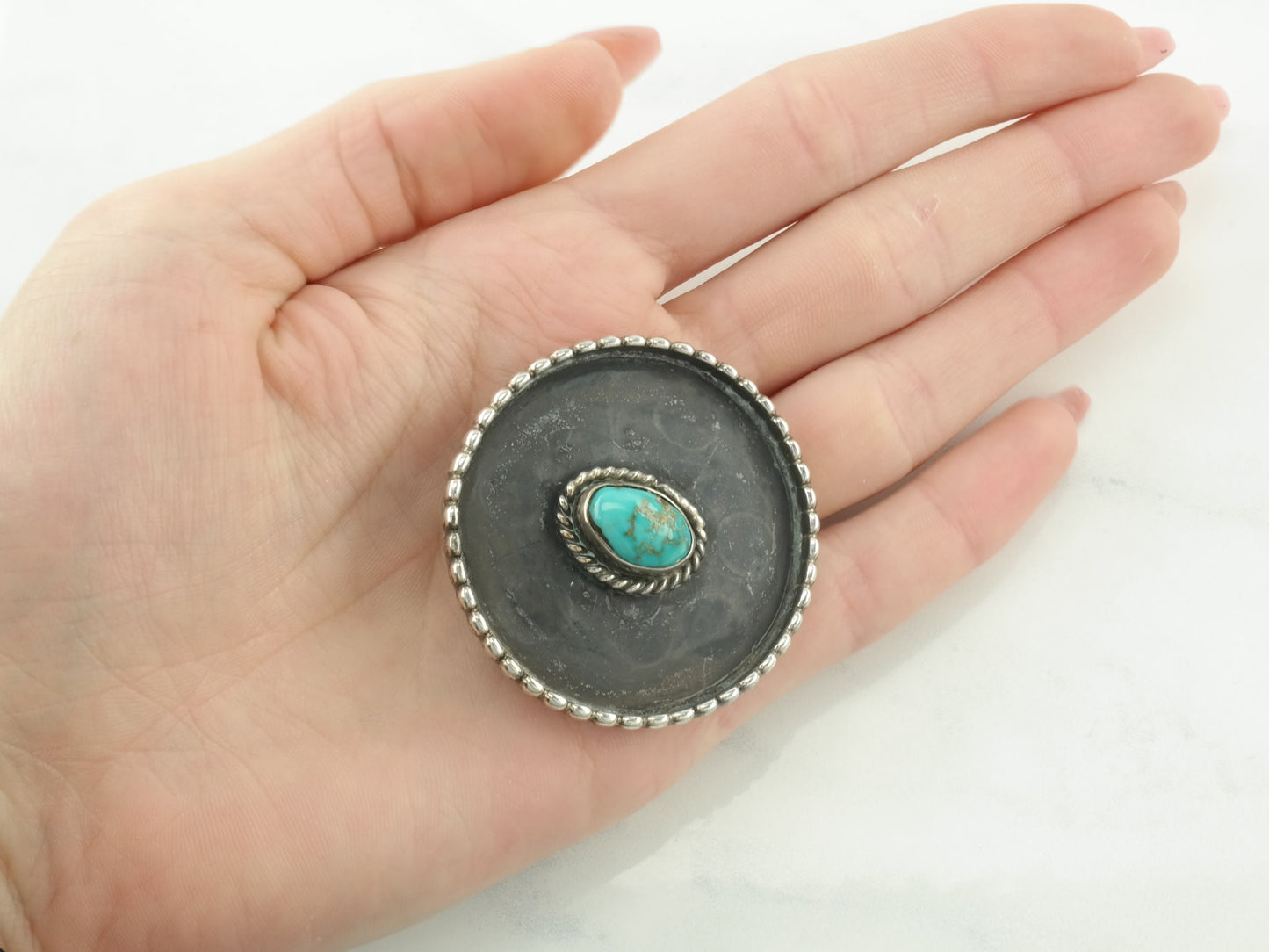 Southwestern Native American Sterling Silver Blue Turquoise Brooch