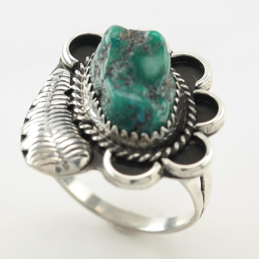 Vintage Native American Silver Ring Turquoise, Floral Sterling Size 8 1/2