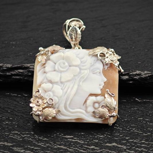 Vintage Italy Made Cameo Floral Pendant Sterling Silver