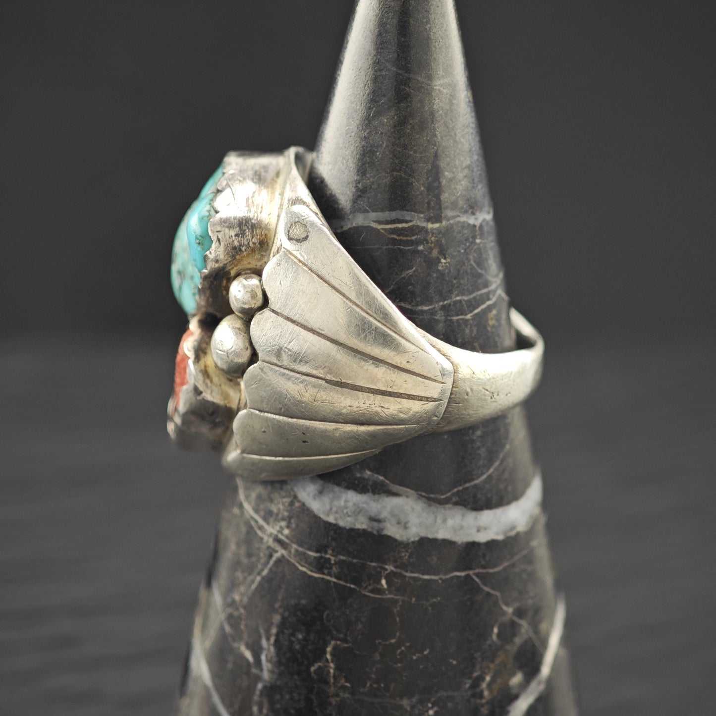 Native American Turquoise, Coral Ring Sterling Silver Size 9 3/4