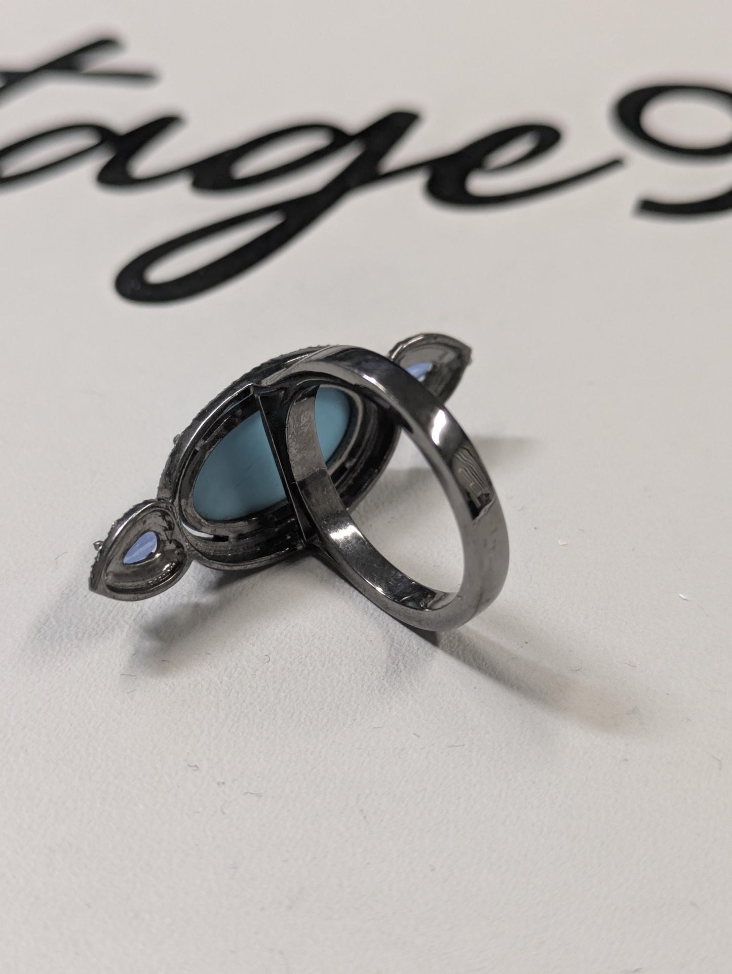 Oxidized Silver Sapphire Diamond Ring Block Turquoise Sterling Sz7 R5476