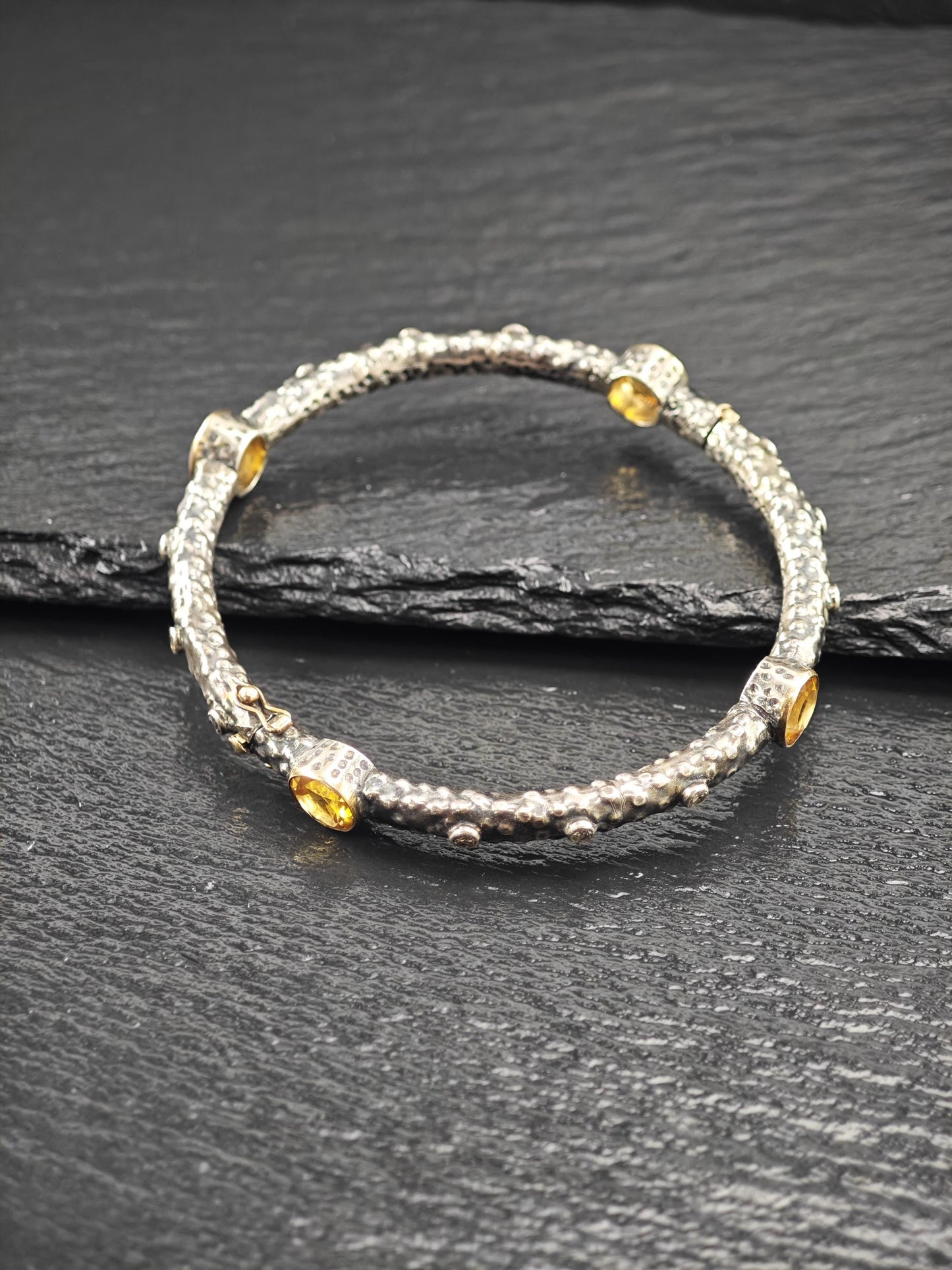 Brutalist 18K Gold Accent Citrine, Diamond Bangle Bracelet Sterling Silver