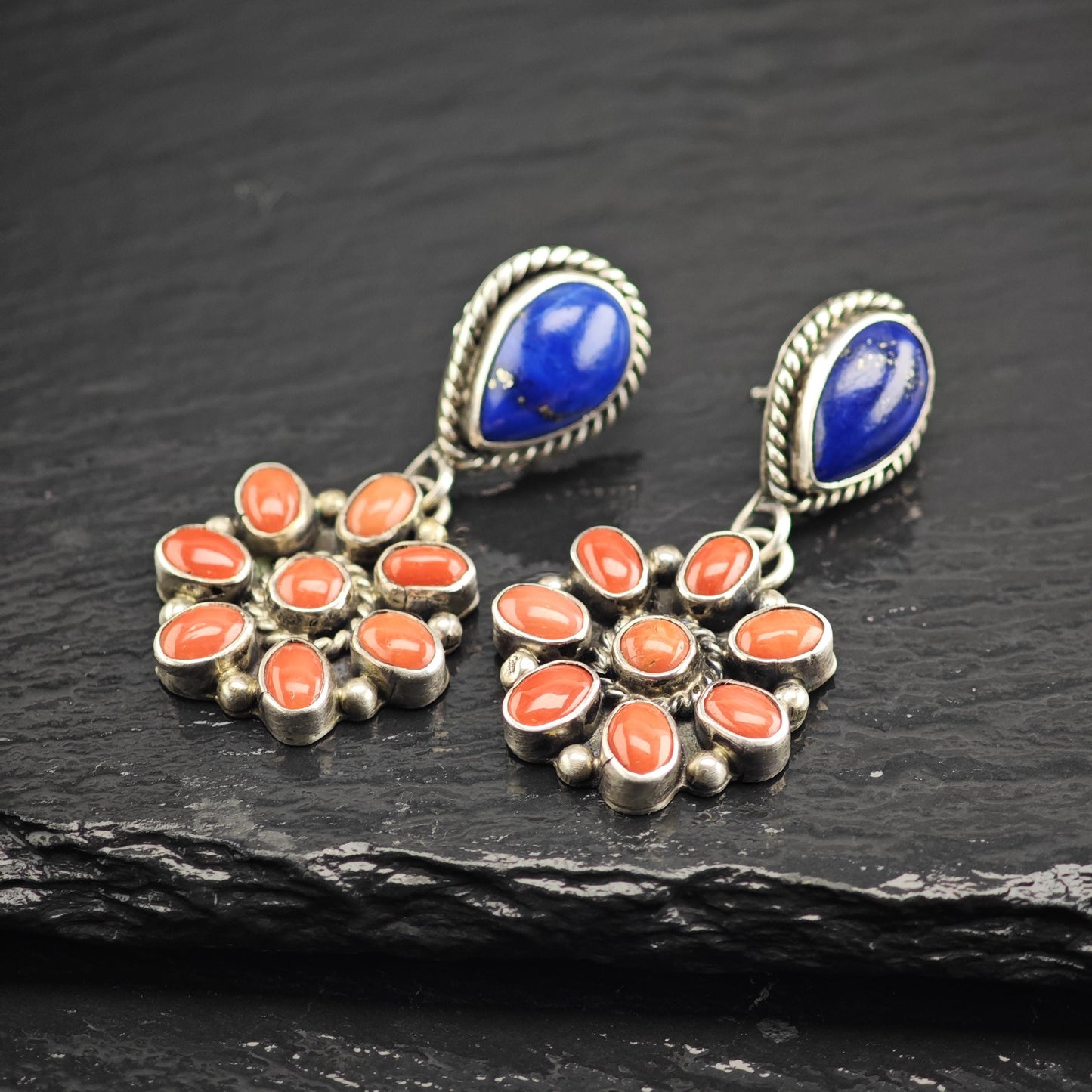 SW Lapis & Coral Floral Stud/Dangle Sterling Silver Earrings ER3170