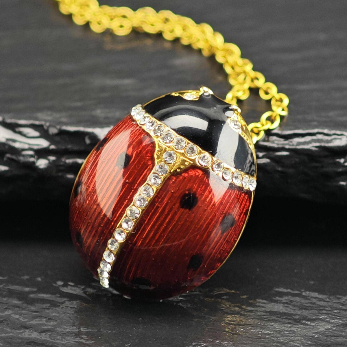 MMA Enamel CZ Lady Bug Gold-Plated Sterling Silver Pendant & Chain P3084