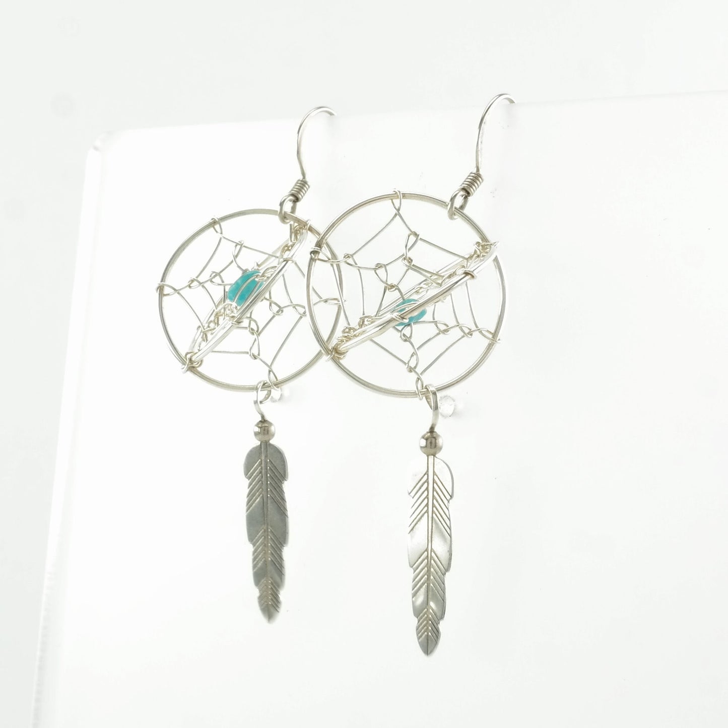 Southwest Sterling Silver Turquoise Dreamcatcher, Feather Earrings Fish hook