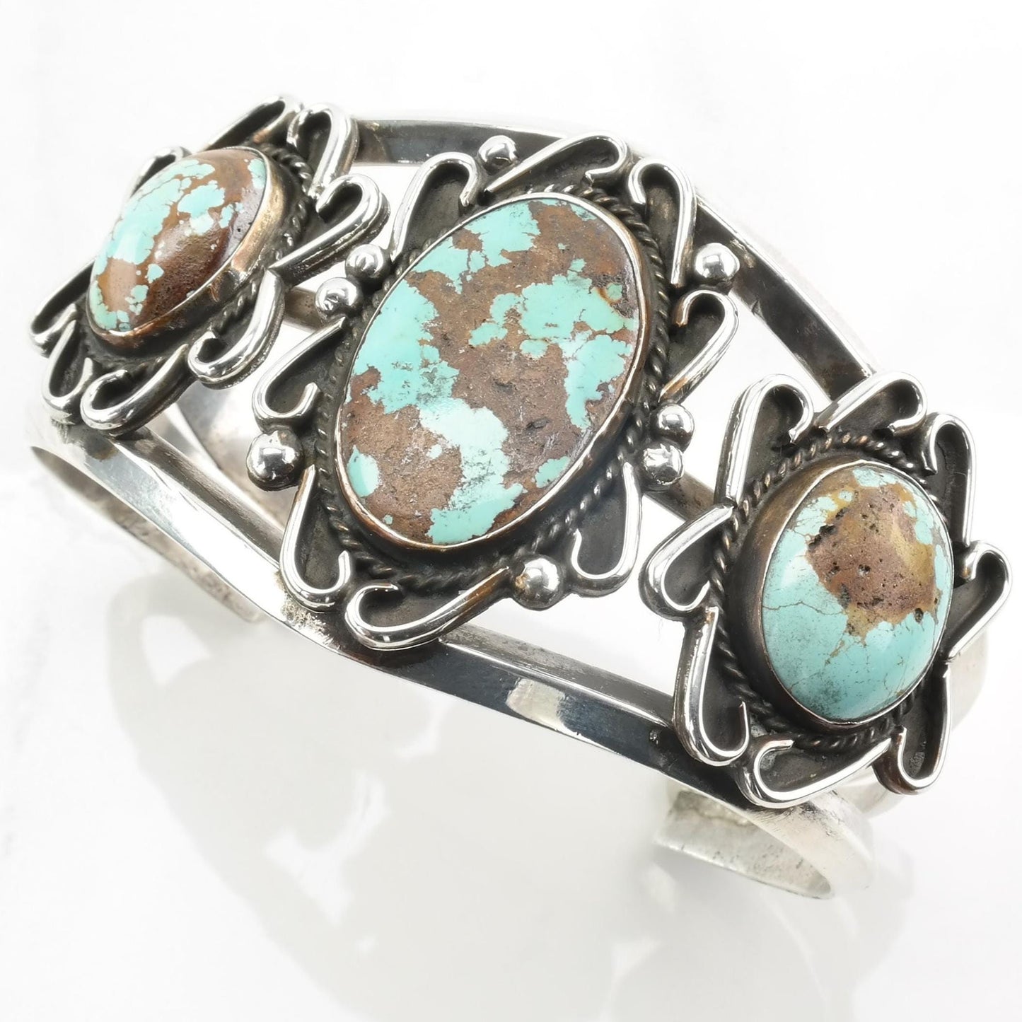 Number Eight Turquoise Native American Sterling Silver Cuff Bracelet Three Stone