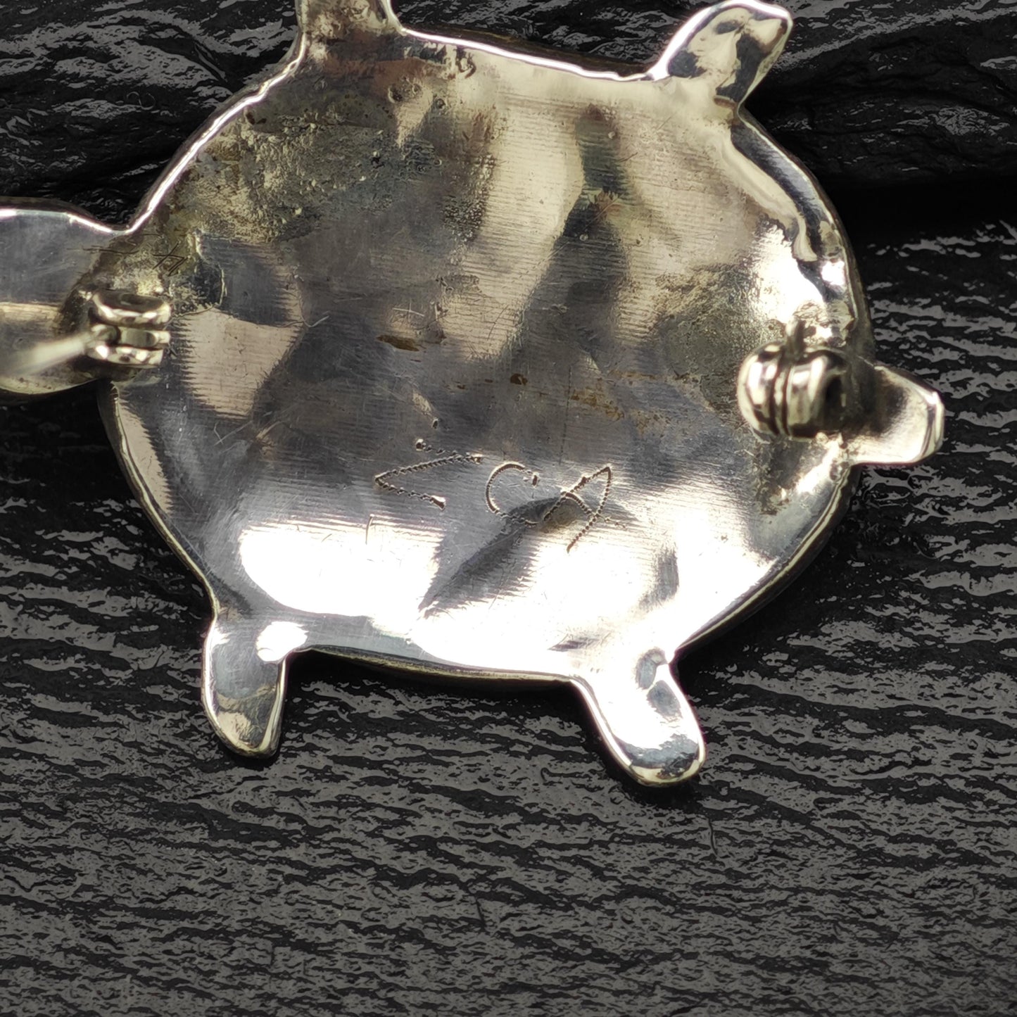 Zuni Sterling Silver Brooch Turtle, Inlay Blue Turquoise