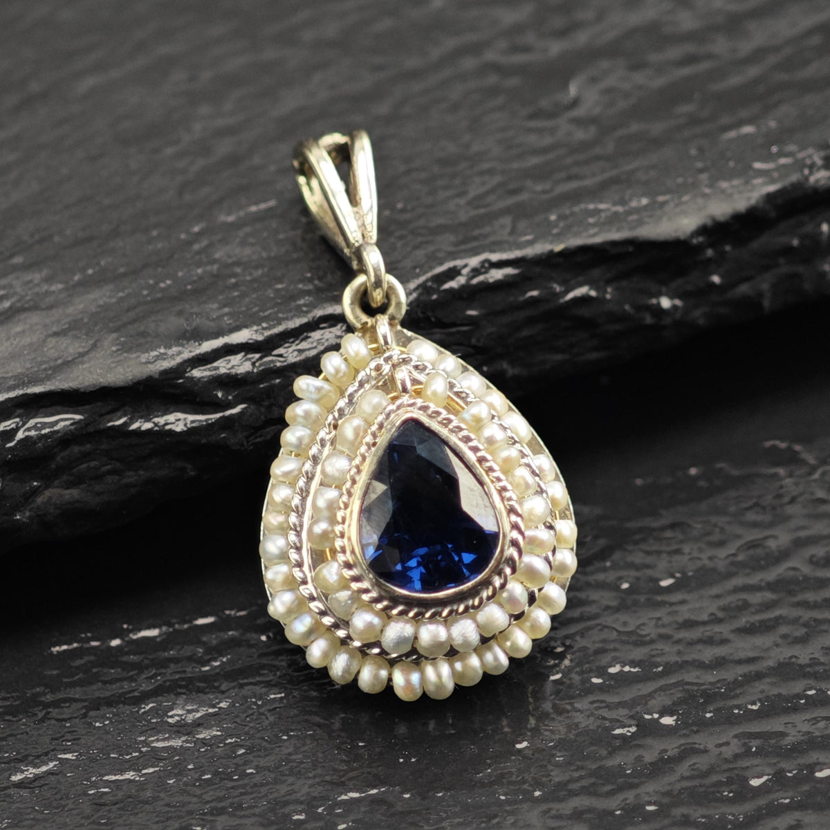 Victorian Natural Sapphire Seed Pearl, 14K White Gold Pendant P3107