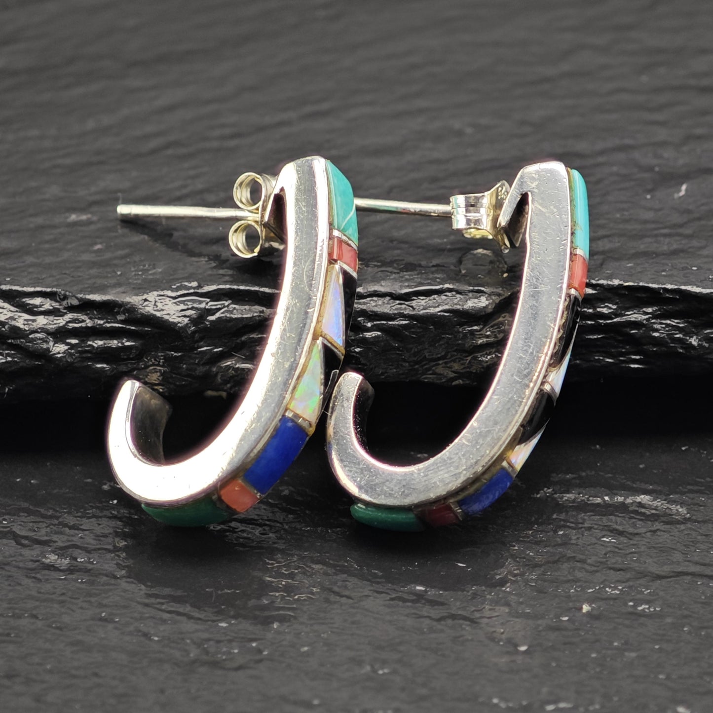 Turquoise, Coral, Lab Opal, Jet, Lapis Inlay Sterling Silver Earrings ER3115