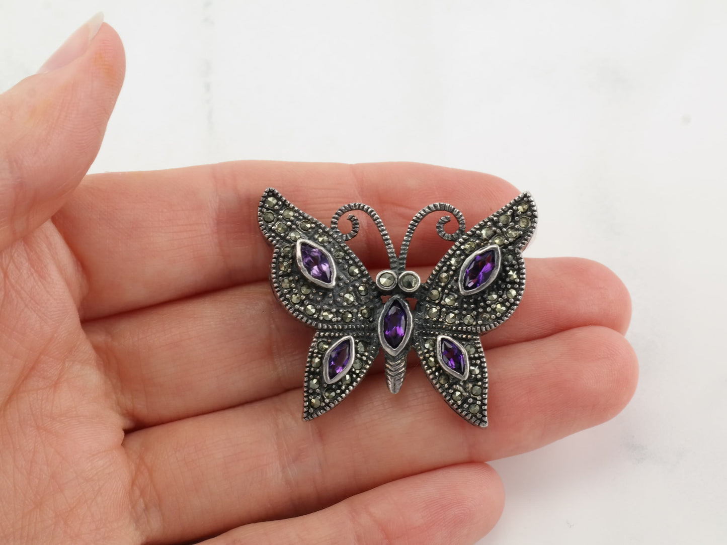 Art Deco Brooch Butterfly Amethyst Marcasite Sterling Silver