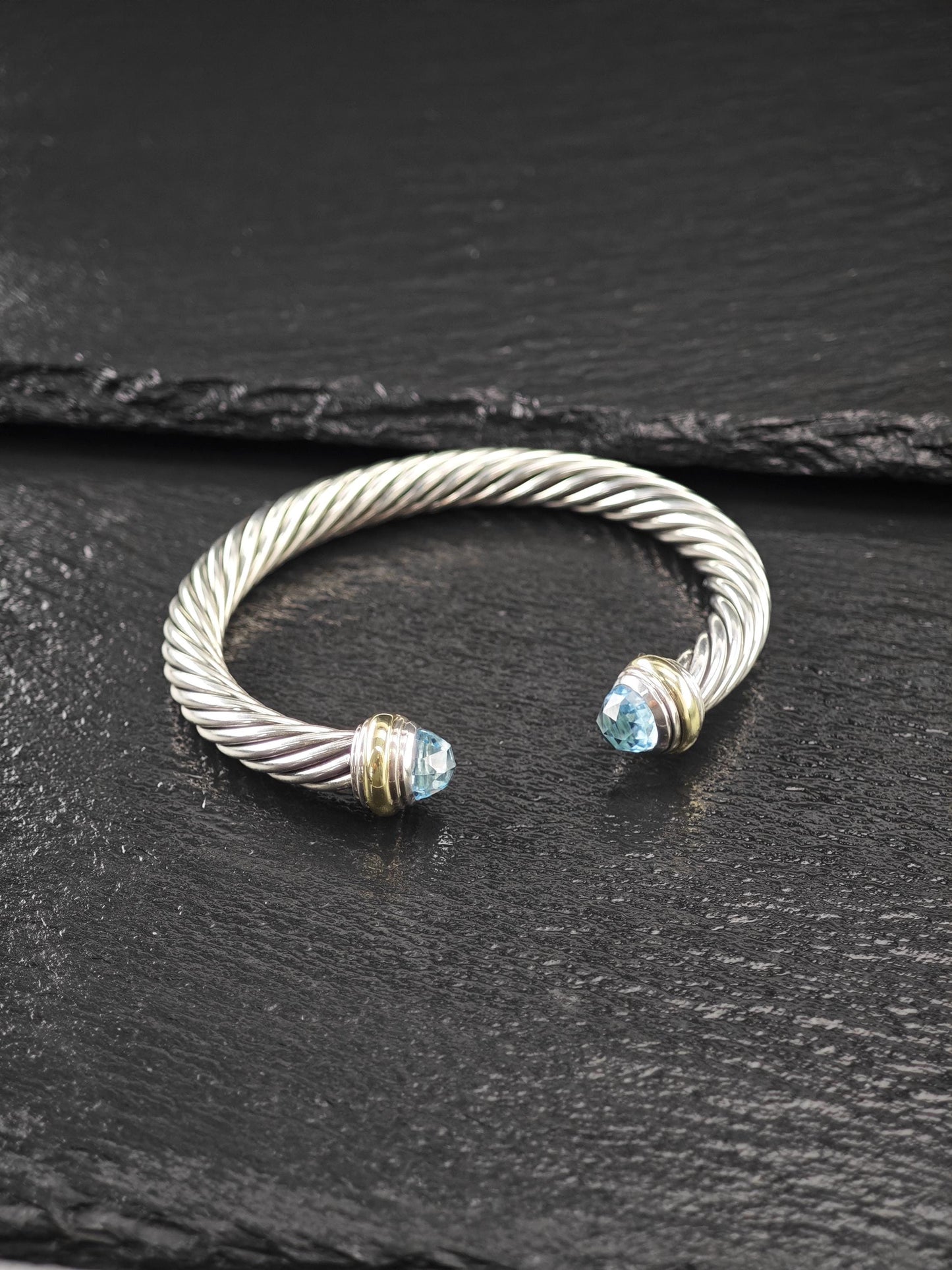 David Yurman 7mm 14K Gold Accents, Topaz Cuff Bracelet Sterling Silver