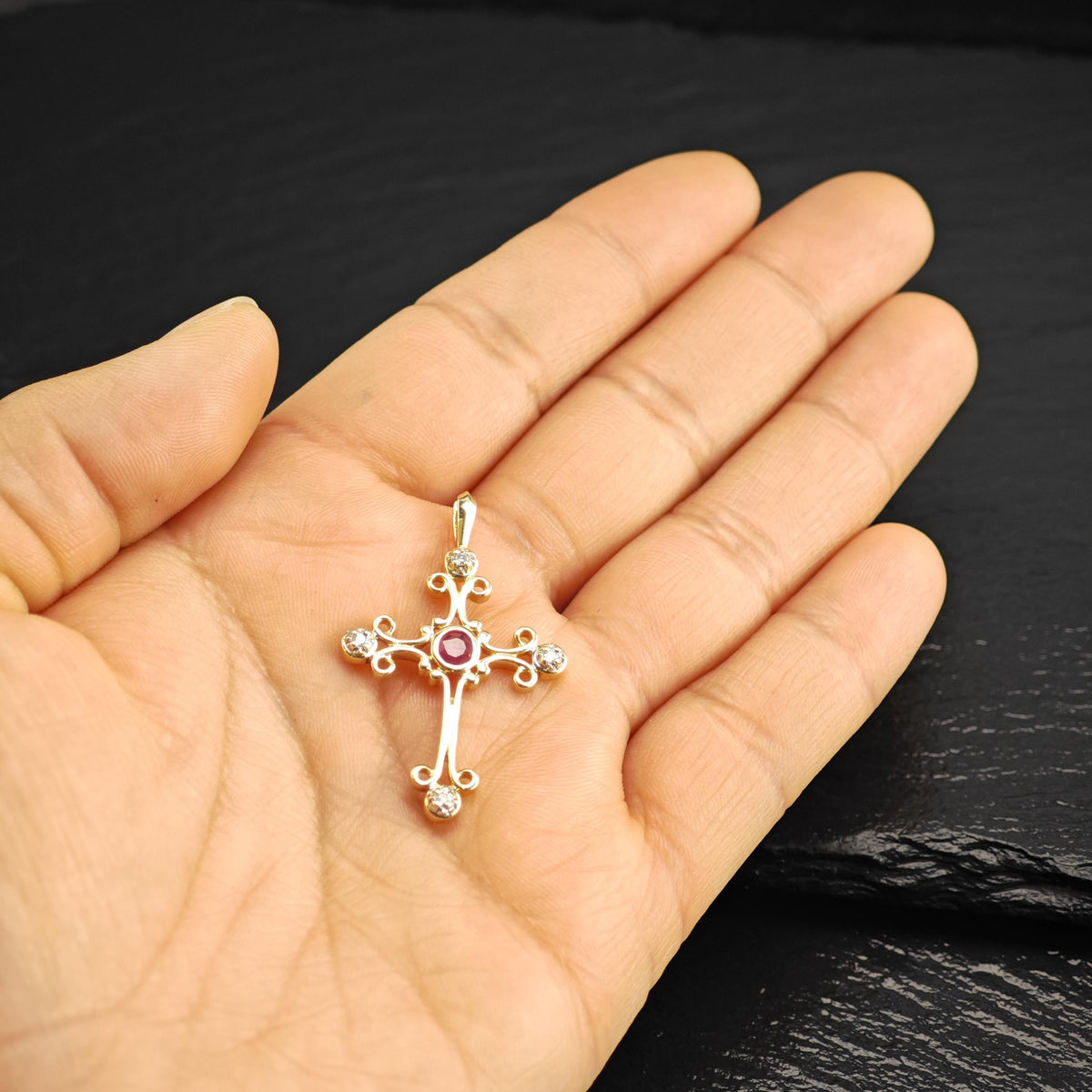 Natural Ruby Diamonds 14K Gold Cross Pendant P3103