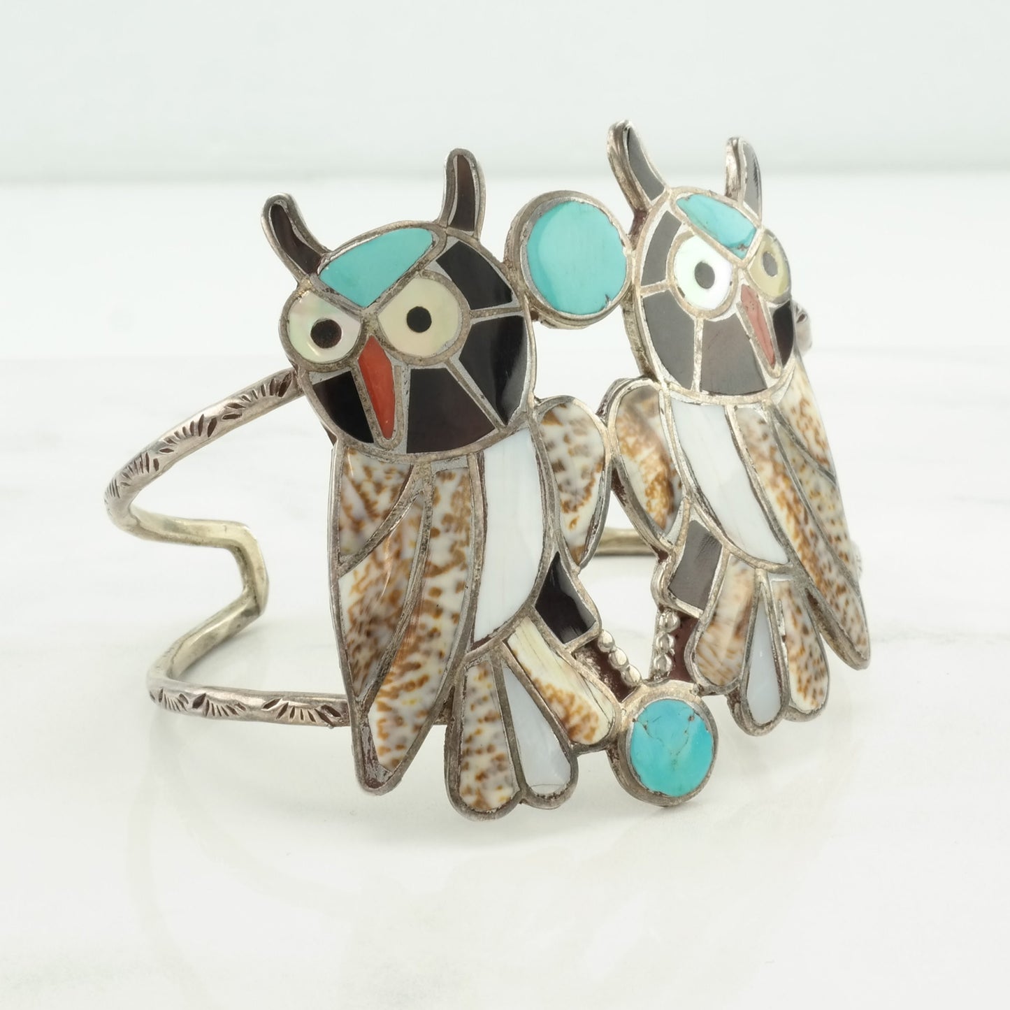 Vintage Zuni, Native American Sterling Silver Cuff Bracelet Multi Stone Inlay, Owls