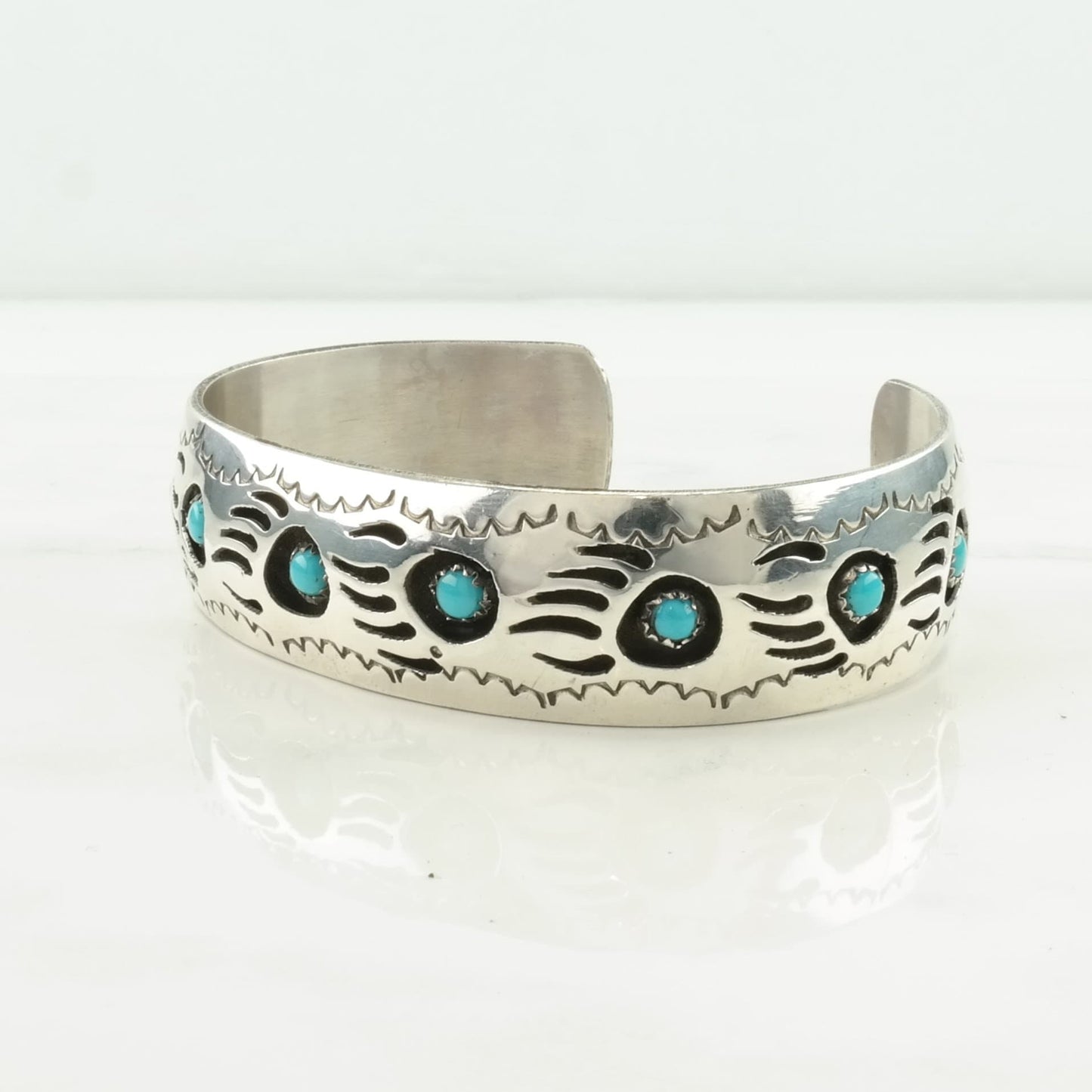 Native American Sterling Silver Cuff Bracelet Blue Turquoise Shadowbox, Bear Claw, Paw