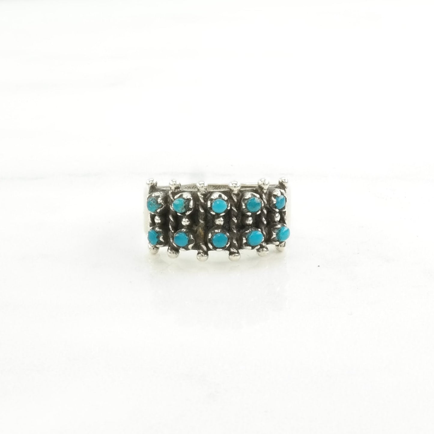 Southwest Silver Ring Turquoise Two Row Sterling Blue Size 6 3/4