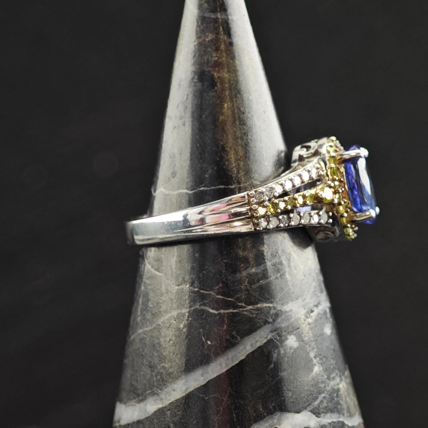 Tanzanite White & Yellow Diamond Sterling Silver Ring Sz 5 R6587