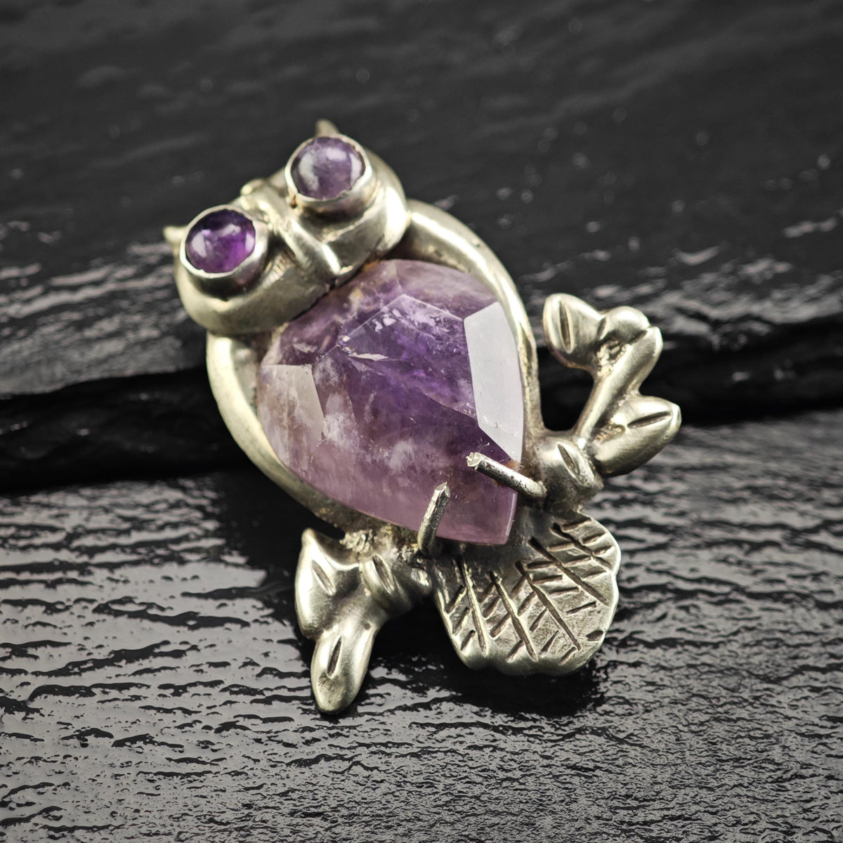 Mexican Amethyst Owl Sterling Silver Brooch B2273