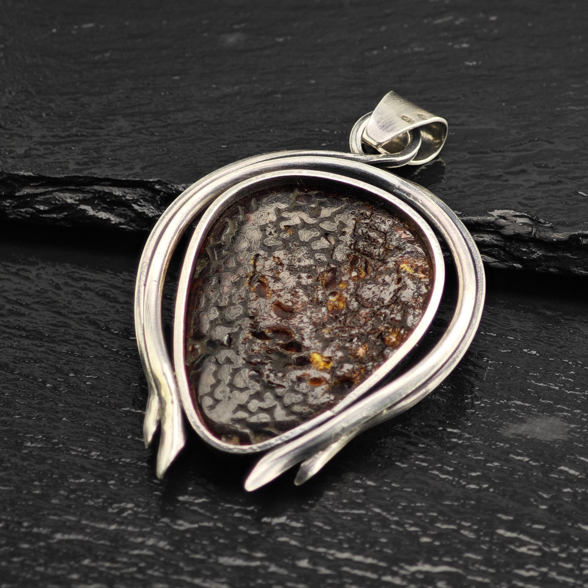 Large Teardrop Amber Sterling Silver Pendant P3125