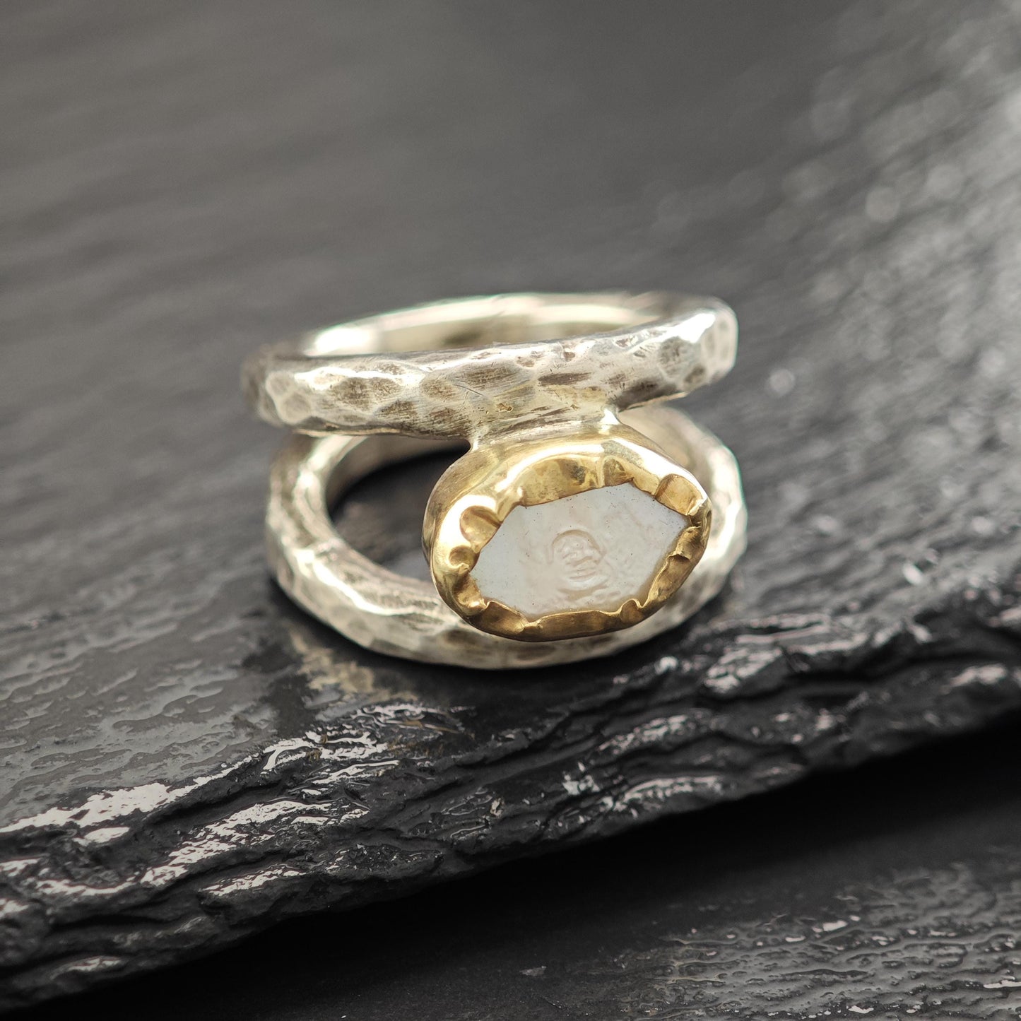 Brutalist Pearl Ring in Sterling Silver 9k Gold Bezel R5808