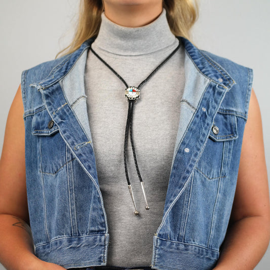 Vintage Native American Sterling Silver Multi color Inlay Surface Bolo Tie Necklace N2742