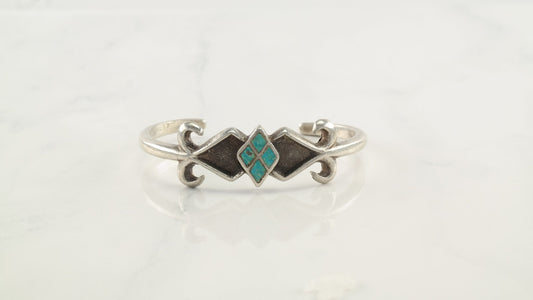 Native American Sterling Silver Cuff Bracelet Blue Turquoise Inlay, Sandcast