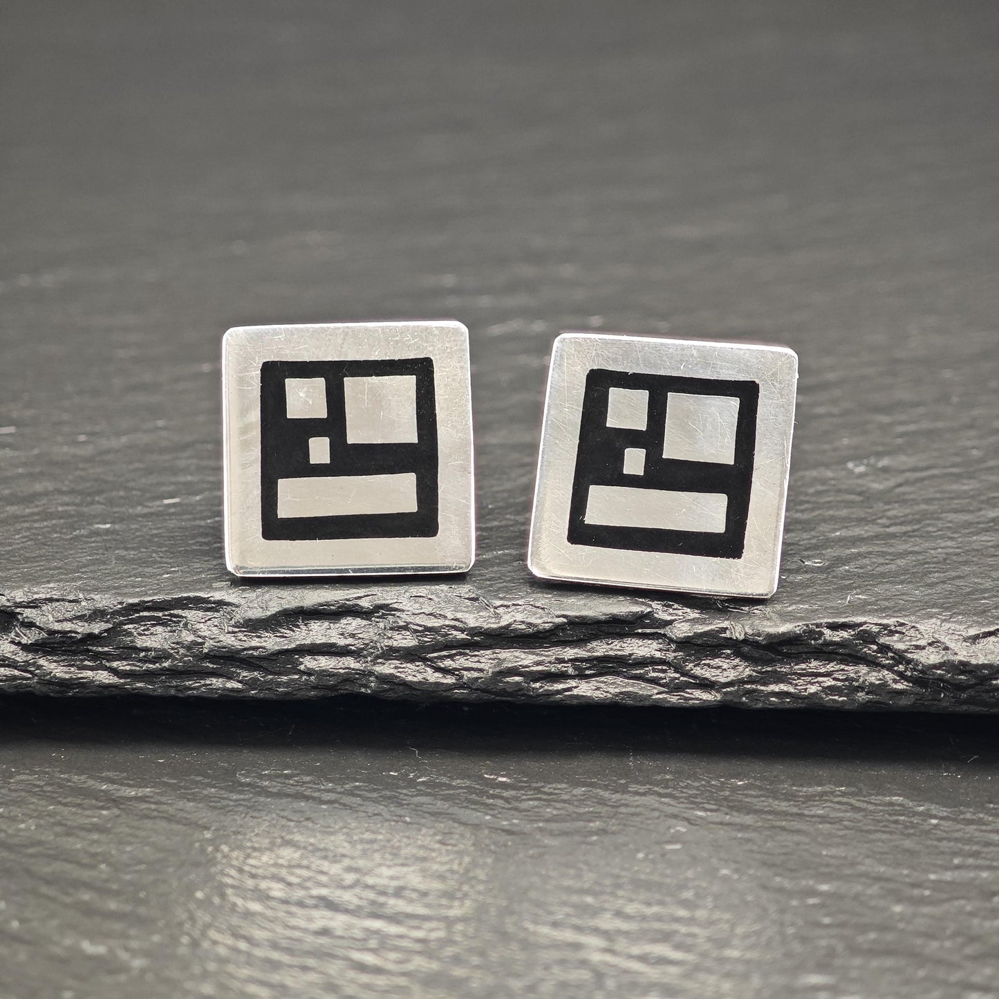 Vintage Warsaw, Poland Black Enamel Geometric Stud Earrings Sterling Silver