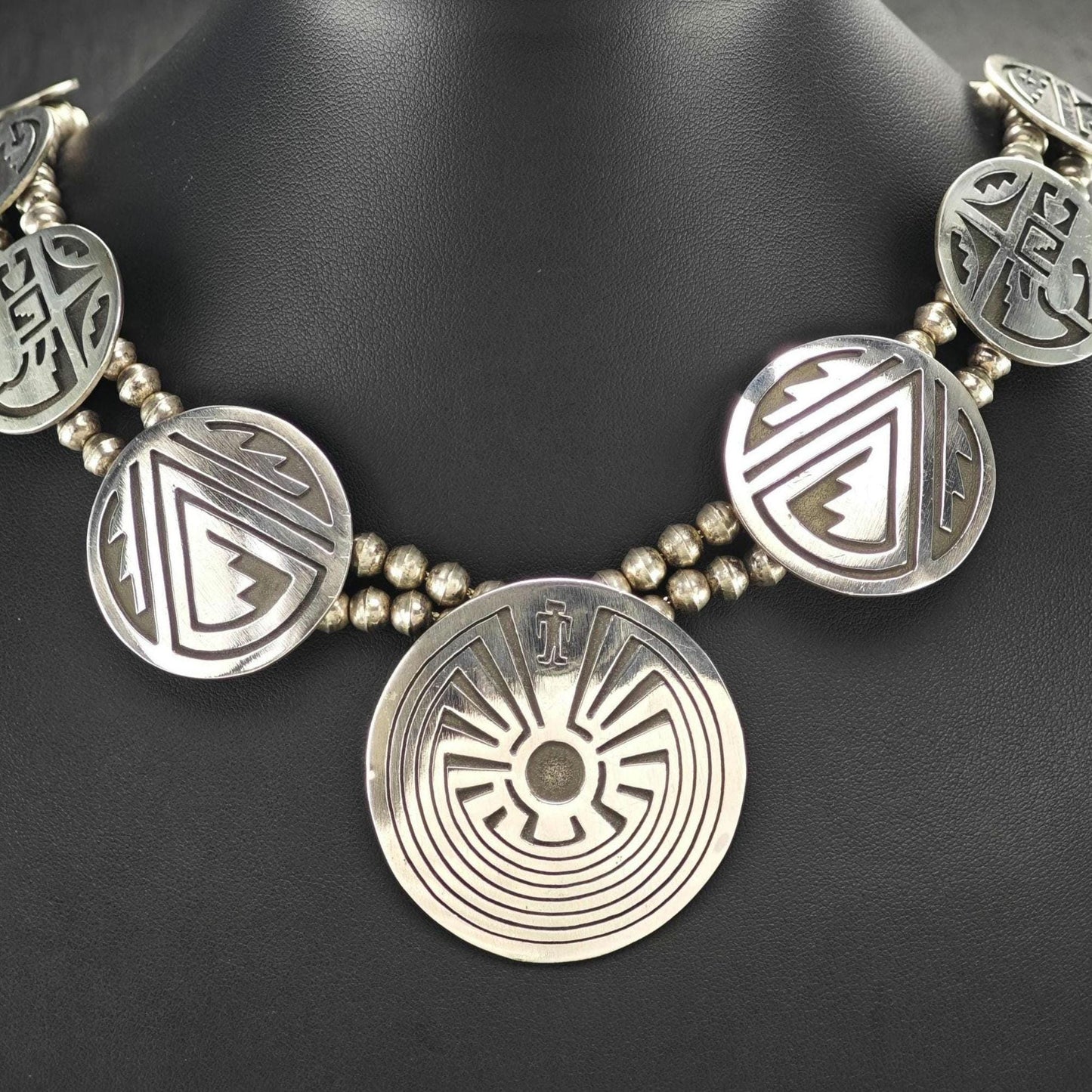 Native American Overlay, Man In Maze Squash Blossom Necklace Sterling Silver