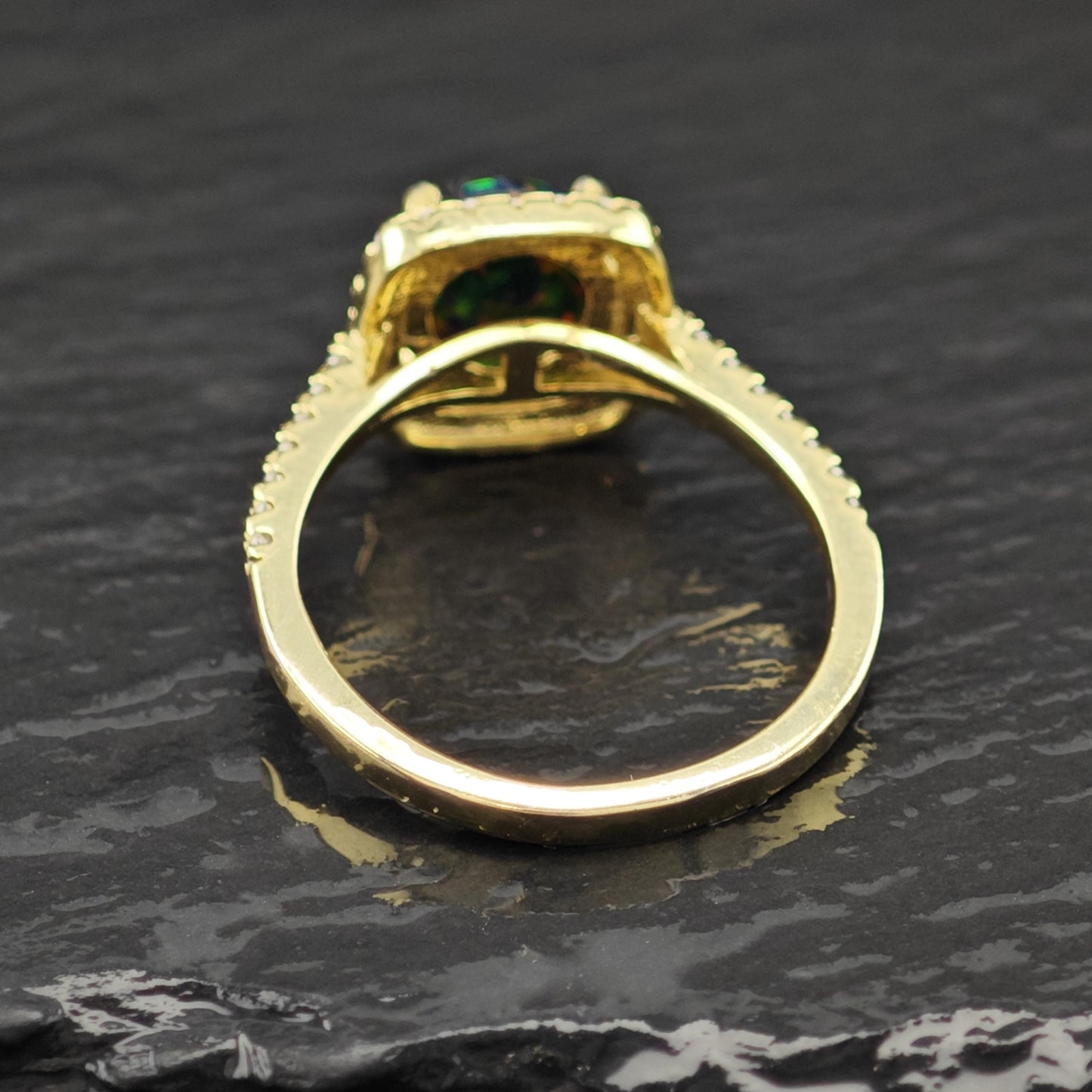 Lab Black Opal Halo 14K Gold Plated Ring Sterling Silver Sz 7 1/2 R6178