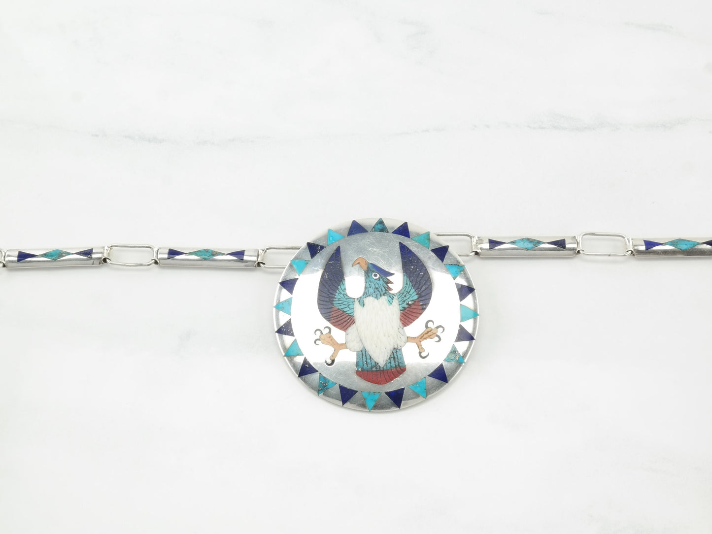 Vintage Zuni Sterling Silver Turquoise Lapis Multi Gem Inlay Eagle Necklace