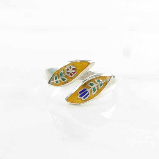 Siam Silver Ring Enamel Floral, Bypass Sterling Yellow Size 9