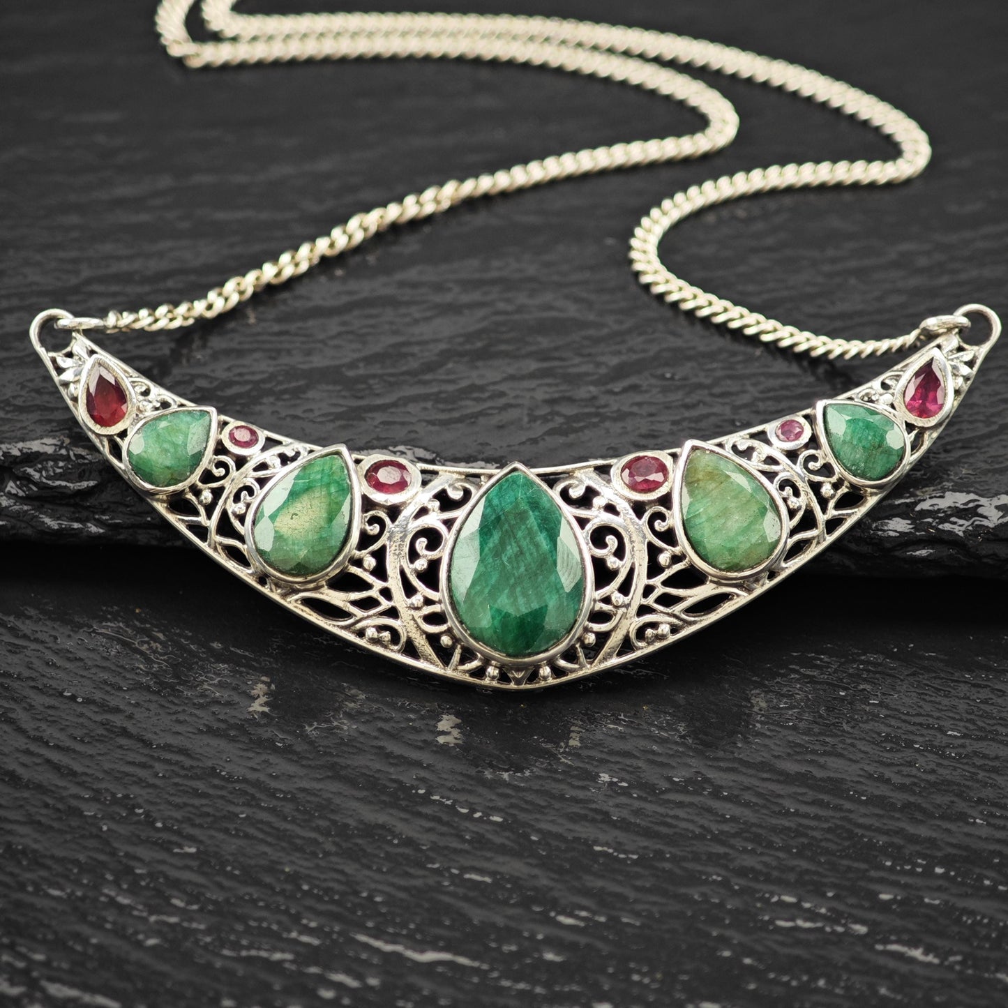 Sterling Silver Emerald Ruby Teardrop Necklace 20" N2633